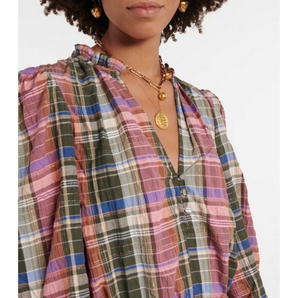 💕VERONICA BEARD💕 Destiny Crinkle Plaid A-Line Dress ~ Olive Green/Pink 8 NWT - Picture 4 of 16